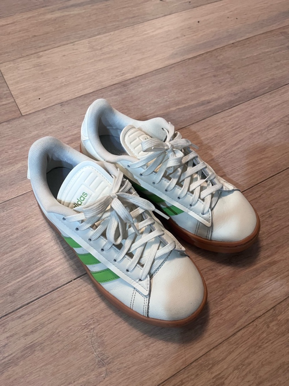 adidas White Sneakers with Green Stripes and Gum Sole